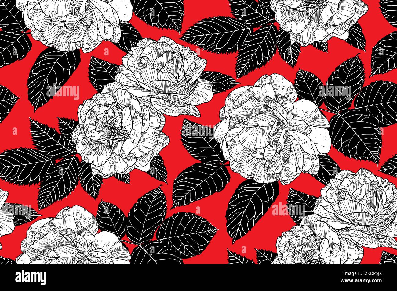 Seamless pattern from hand drawn contour black and white roses with ...