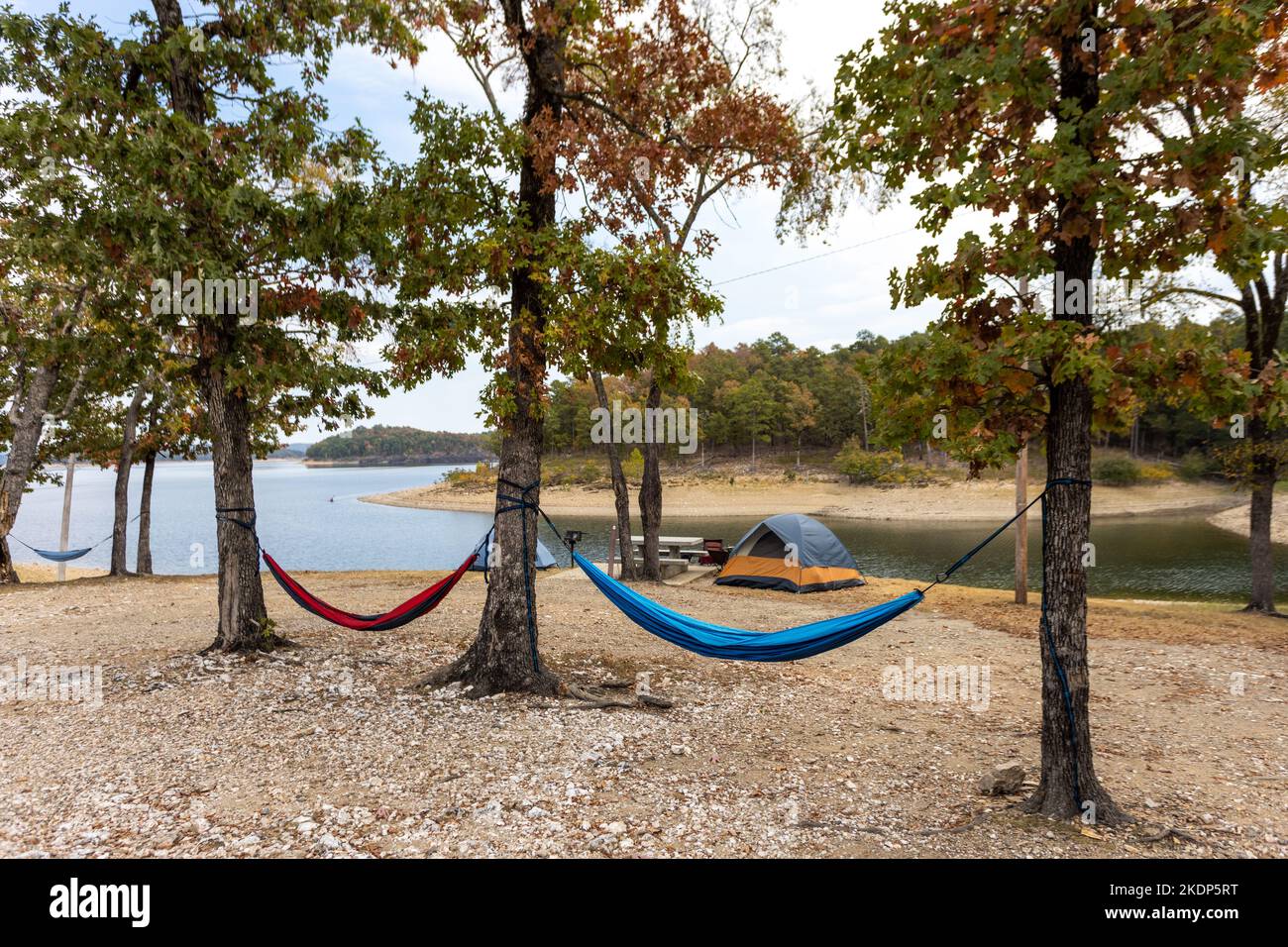 Camping tents and hammock near a beautiful lake among trees, campsite, adventure vacation