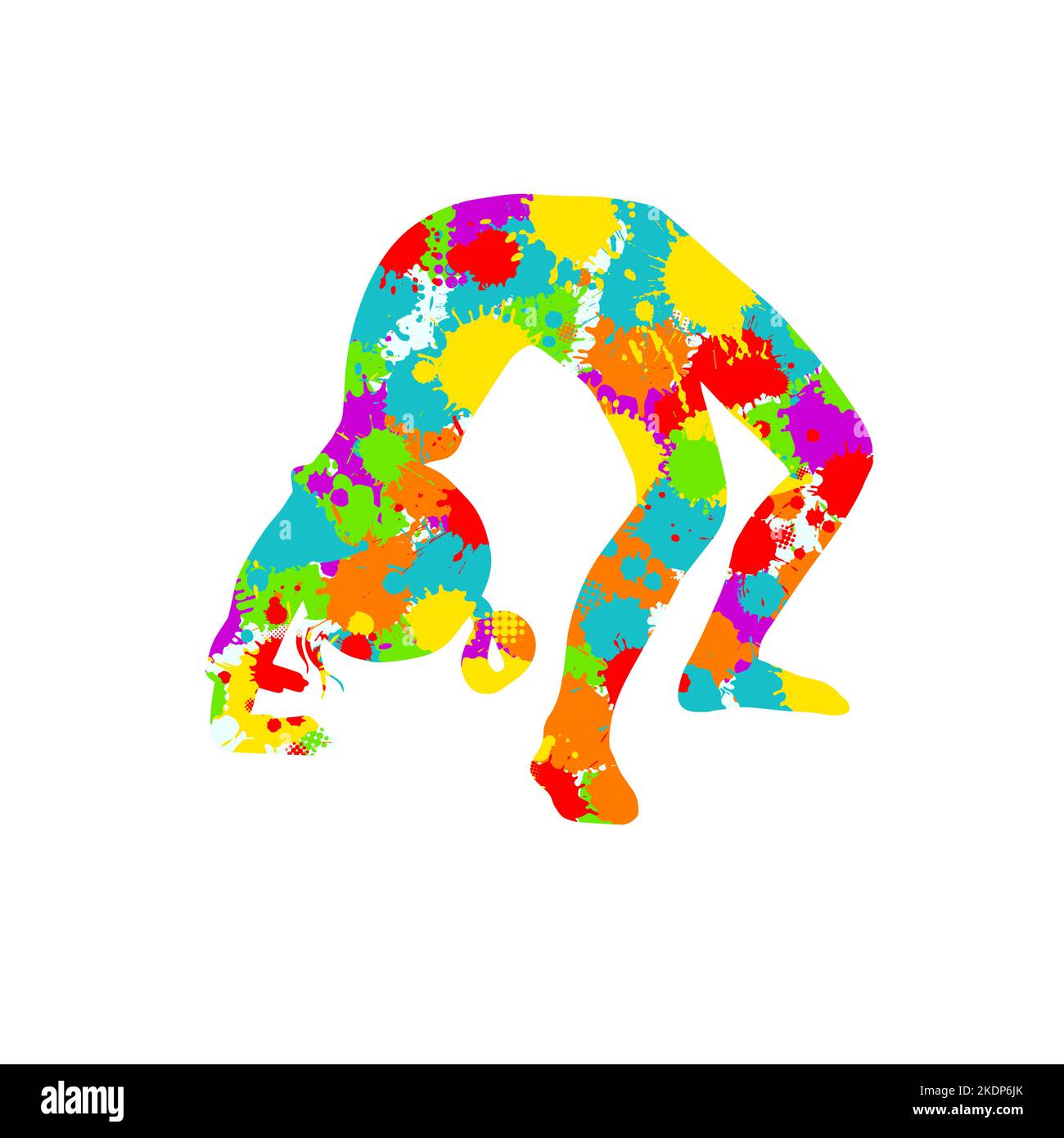 Childrenes sports gymnastics. The girl is standing in the bridge pose. Color abstraction from blots gymnastics. Vector illustration Stock Vector