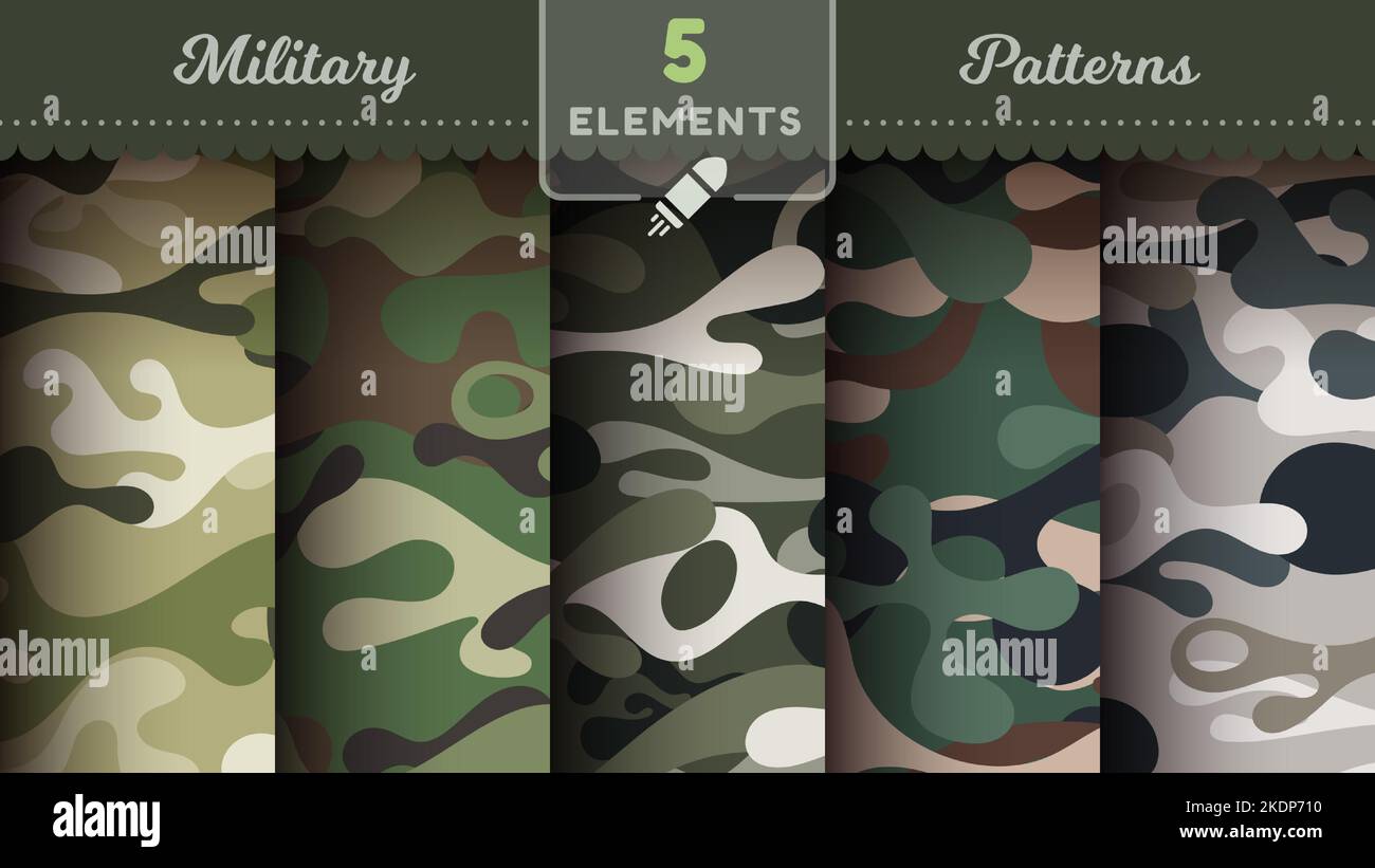 Camouflage seamless patterns, military texture, bundle war fabric Stock Vector
