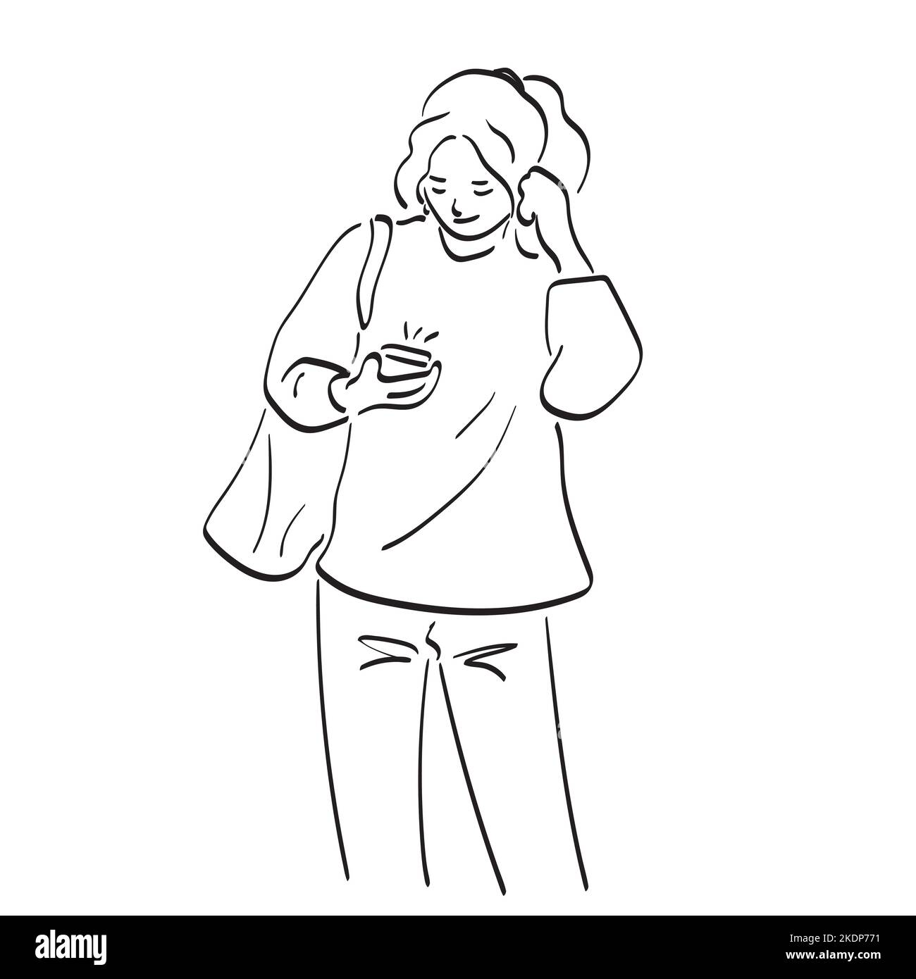 line art woman with bag listening to music from smartphone illustration ...