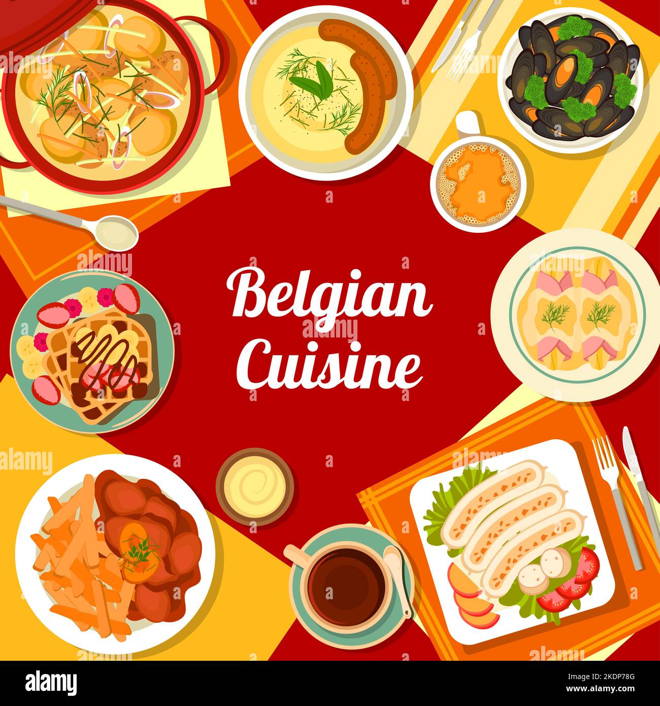 Belgian cuisine menu cover for restaurant food meals, Belgium traditional dishes, vector. Belgian cuisine lunch or dinner and pastry meals, triple sausage with beer steamed mussels and mashed potato Stock Vector