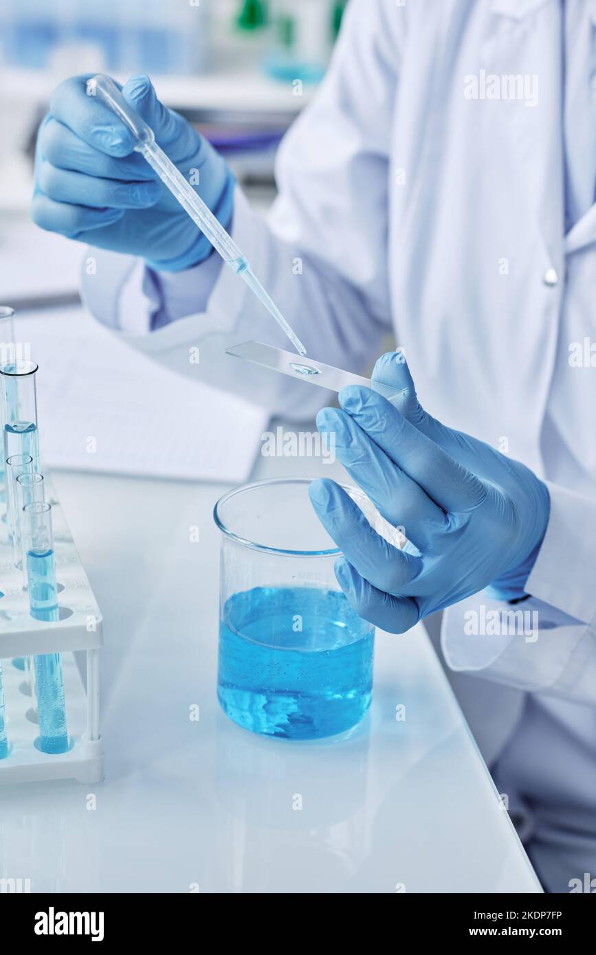 Gloved hands of young researcher in labcoat adding several drops of liquid substance on small glass during scientific experiment Stock Photo