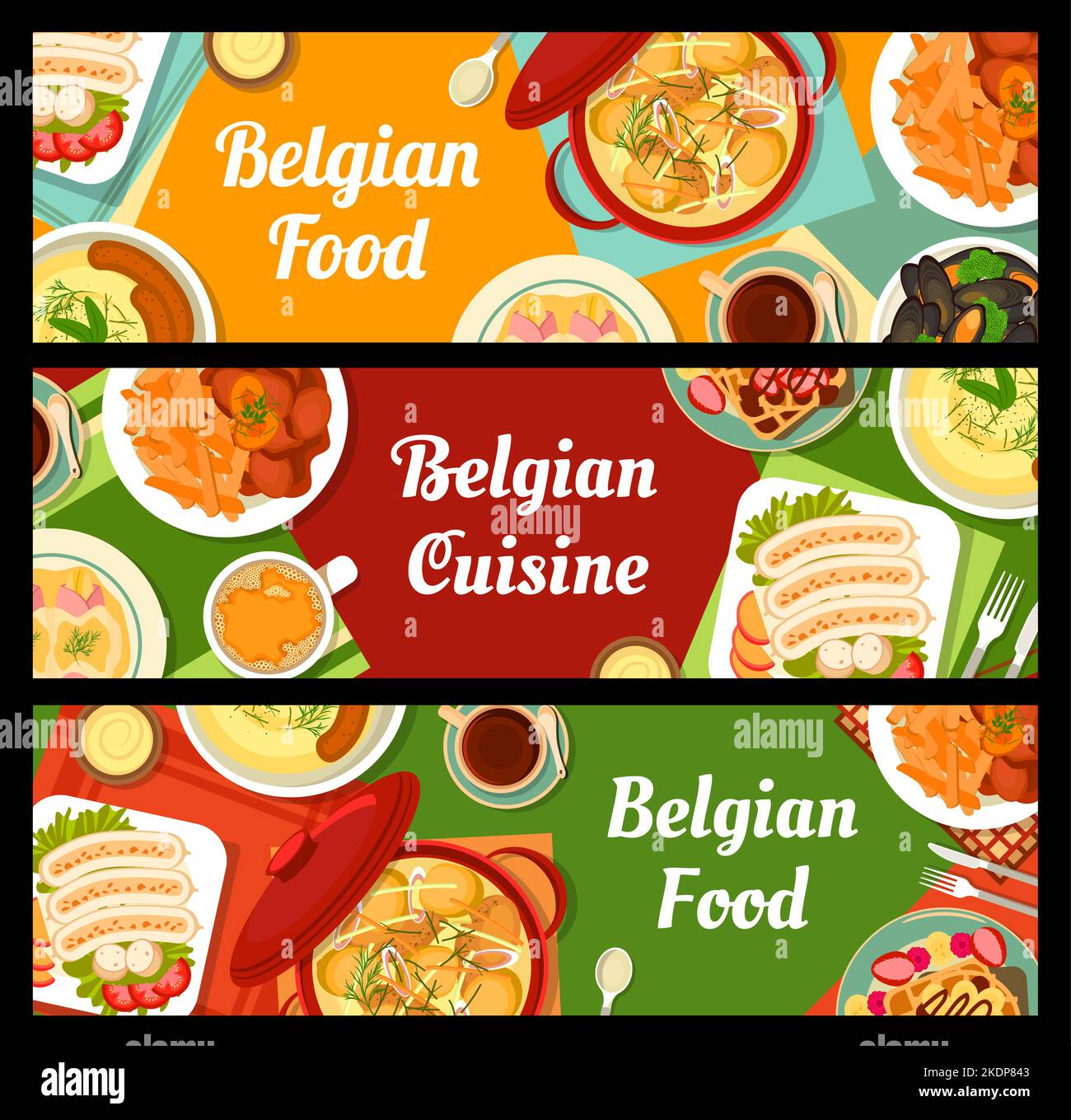 Belgian cuisine banners, Belgium food dishes meals for restaurant menu, vector. Belgian traditional lunch and dinner food, braised endive with bacon and cream, chicken stew waterzooi or triple sausage Stock Vector