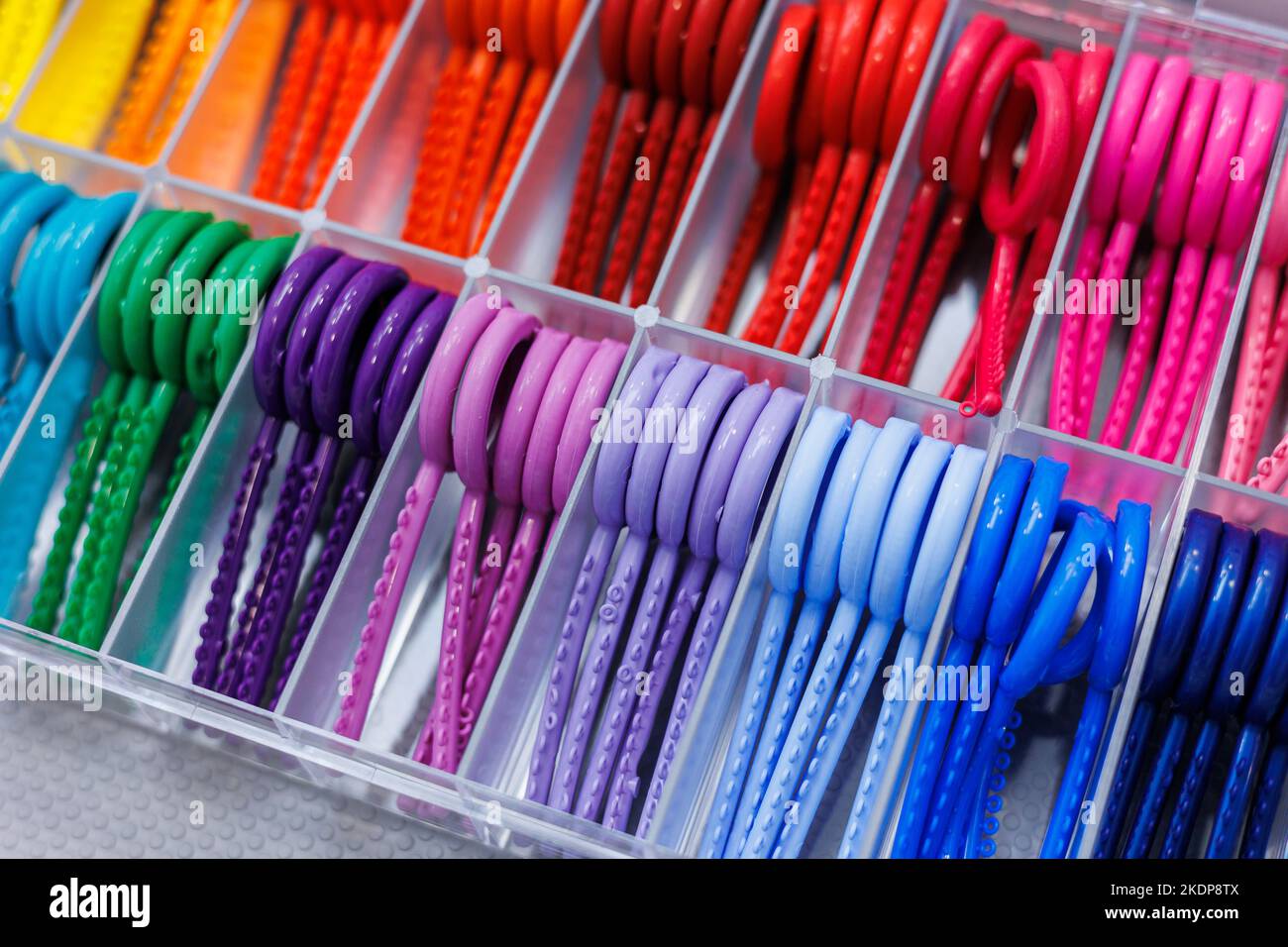 A set of colored elastic bands for installing braces in orthodontic dental treatment Stock Photo