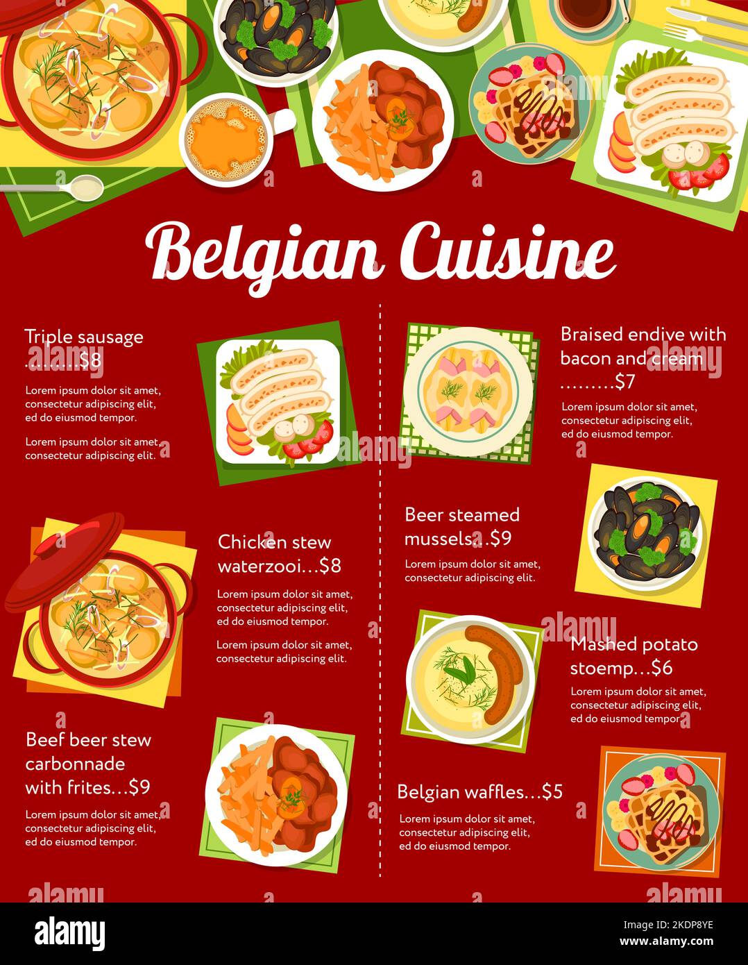 Belgian cuisine menu, food dishes and lunch or dinner meals, vector poster. Belgium cuisine restaurant traditional food triple sausage, Belgian waffles, mashed potato stoemp and chicken stew Stock Vector