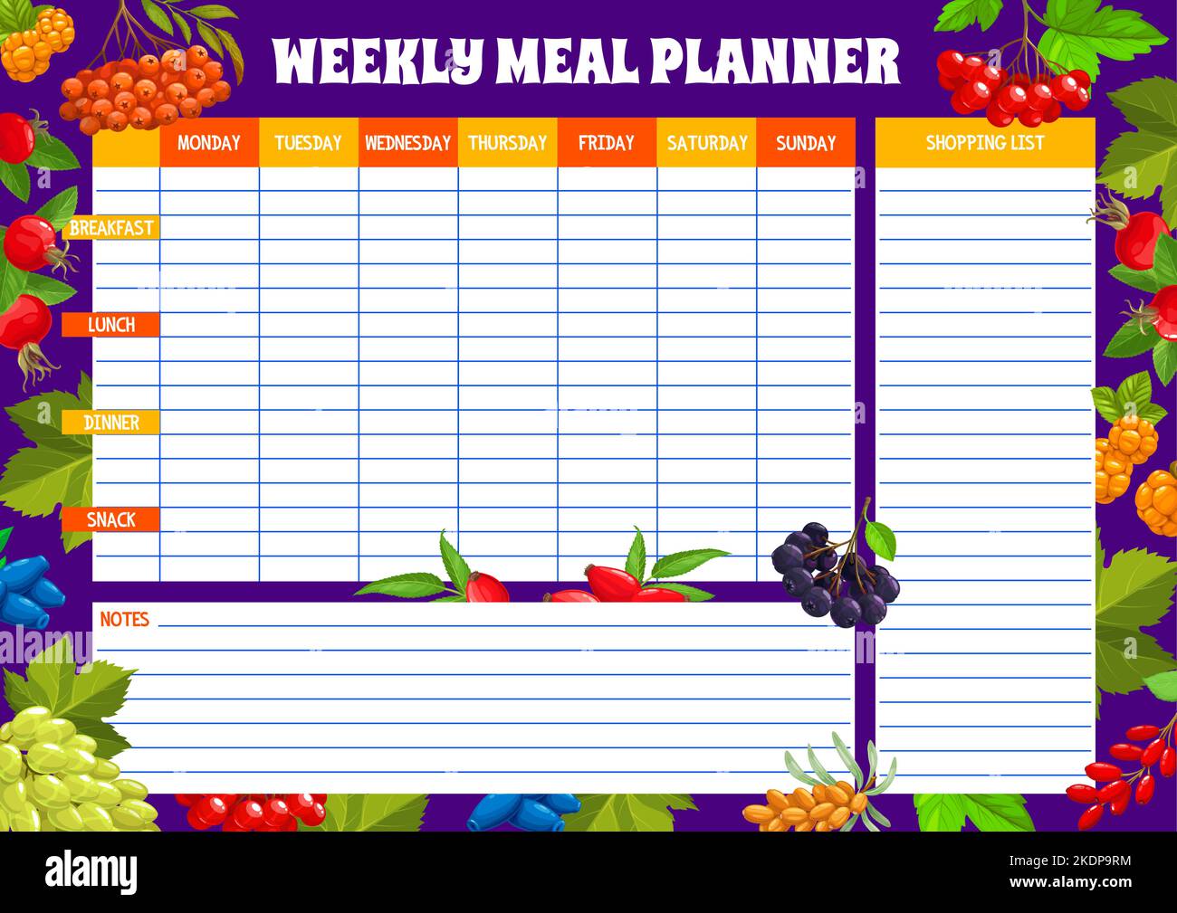 Weekly meal planner with berries. Cooking weekly calendar, meal daily