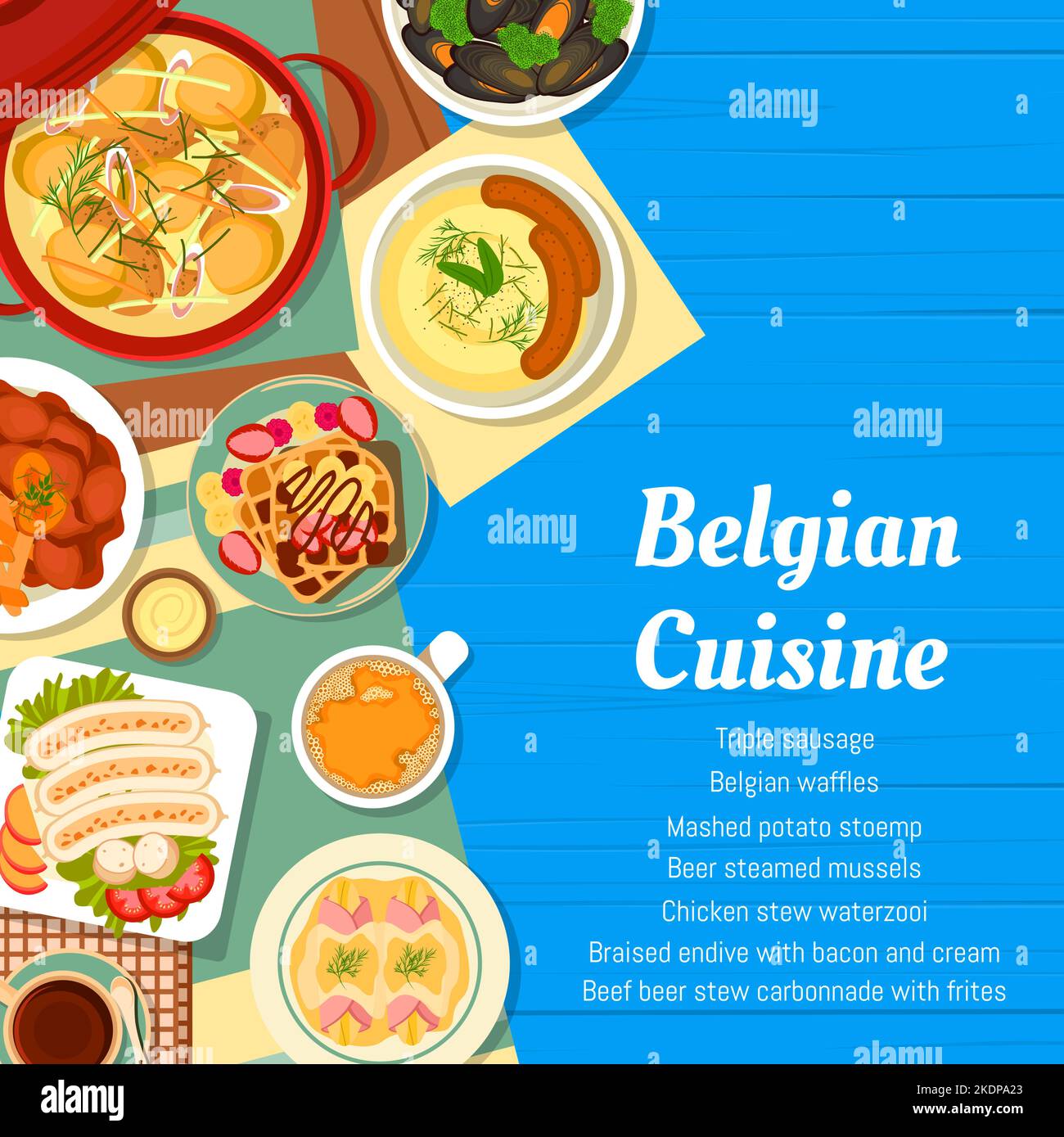 Belgian cuisine menu cover with Belgium food meals, vector restaurant dishes. Traditional Belgian food lunch or dinner meals beef beer stew carbonnade with frites, Belgian waffles and triple sausage Stock Vector