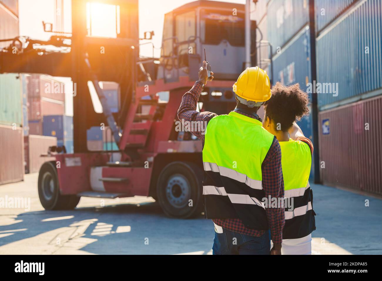 Customs team container control loading staff worker working together at
