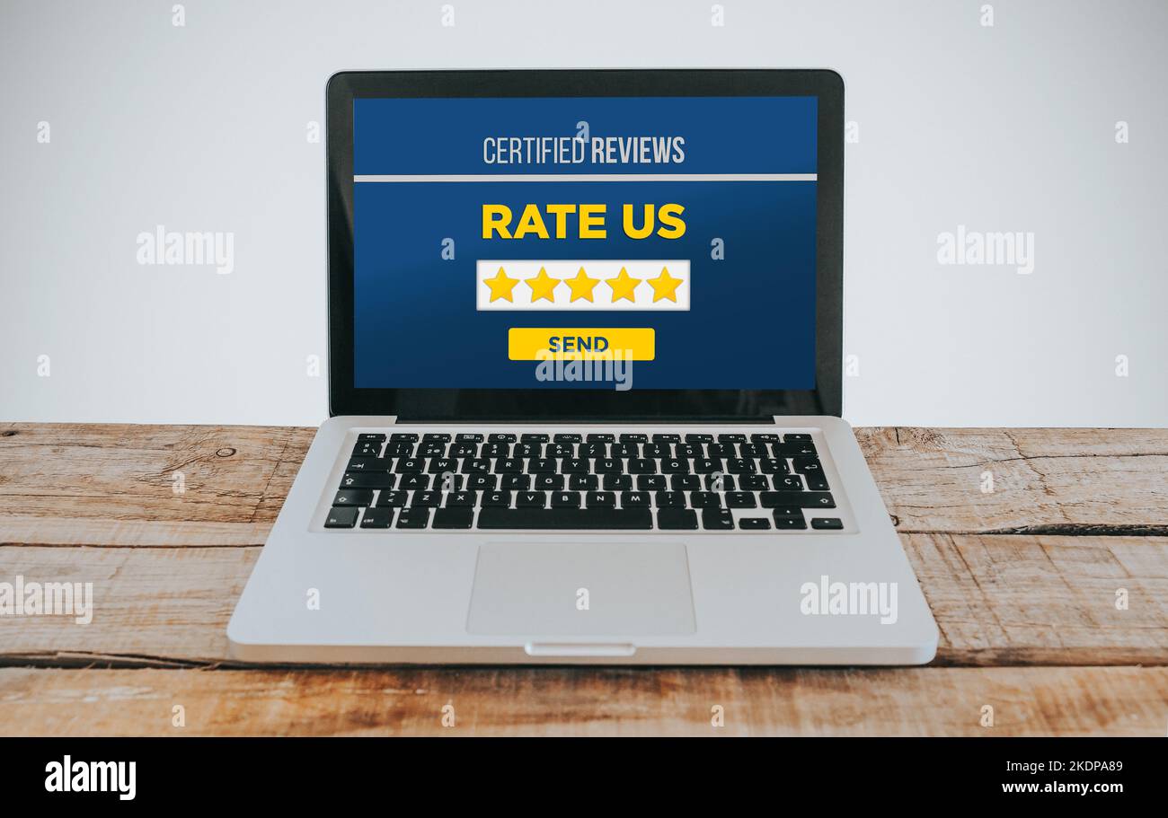 Certified review and product rating page in a laptop computer Stock