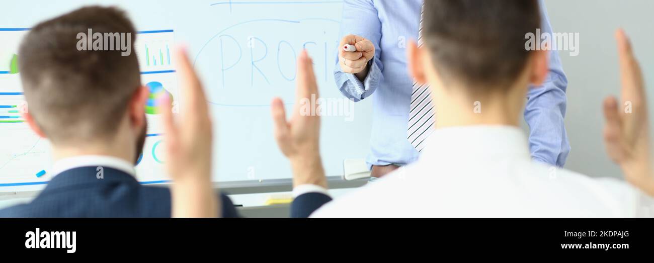 Business coach at training in company office, development strategy, teambuilding or brainstorming Stock Photo