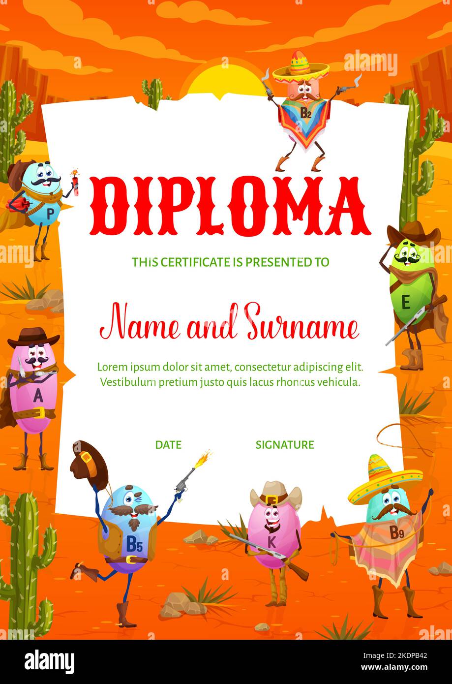 Kids diploma, Wild West cartoon vitamin A, B and E cowboy, bandit and sheriff personages. Vector certificate in background of western desert with cactuses and cowboy characters, vertical diploma award Stock Vector