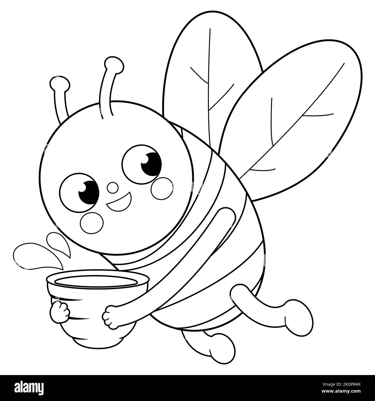 A cute bee flying and holding a pot of honey. Black and white coloring page Stock Photo