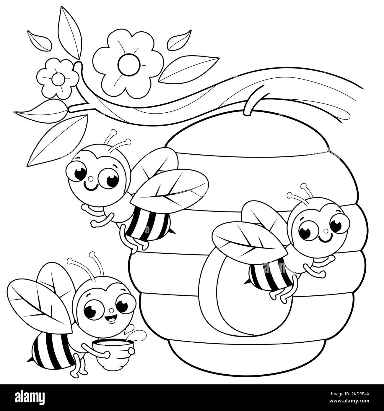 Busy bees flying around a beehive. Black and white coloring page Stock Photo
