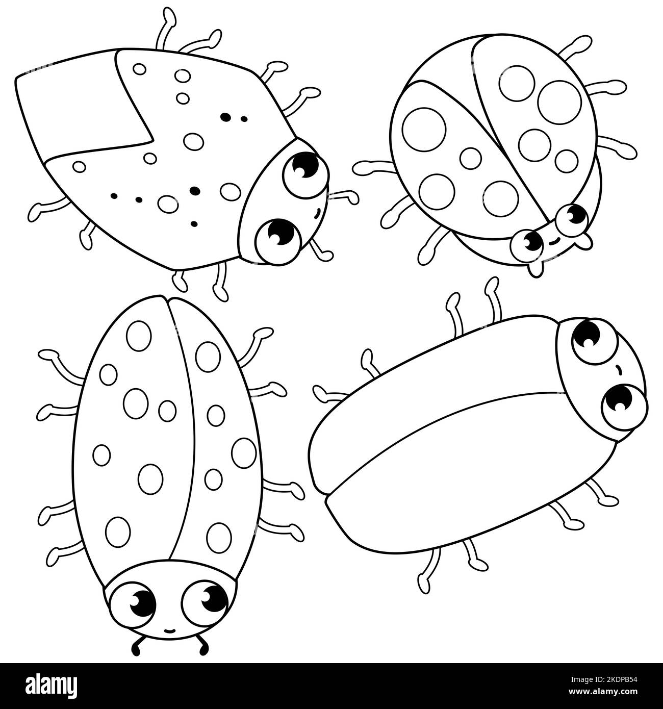 Set of cute bugs and beetles. Black and white coloring page Stock Photo