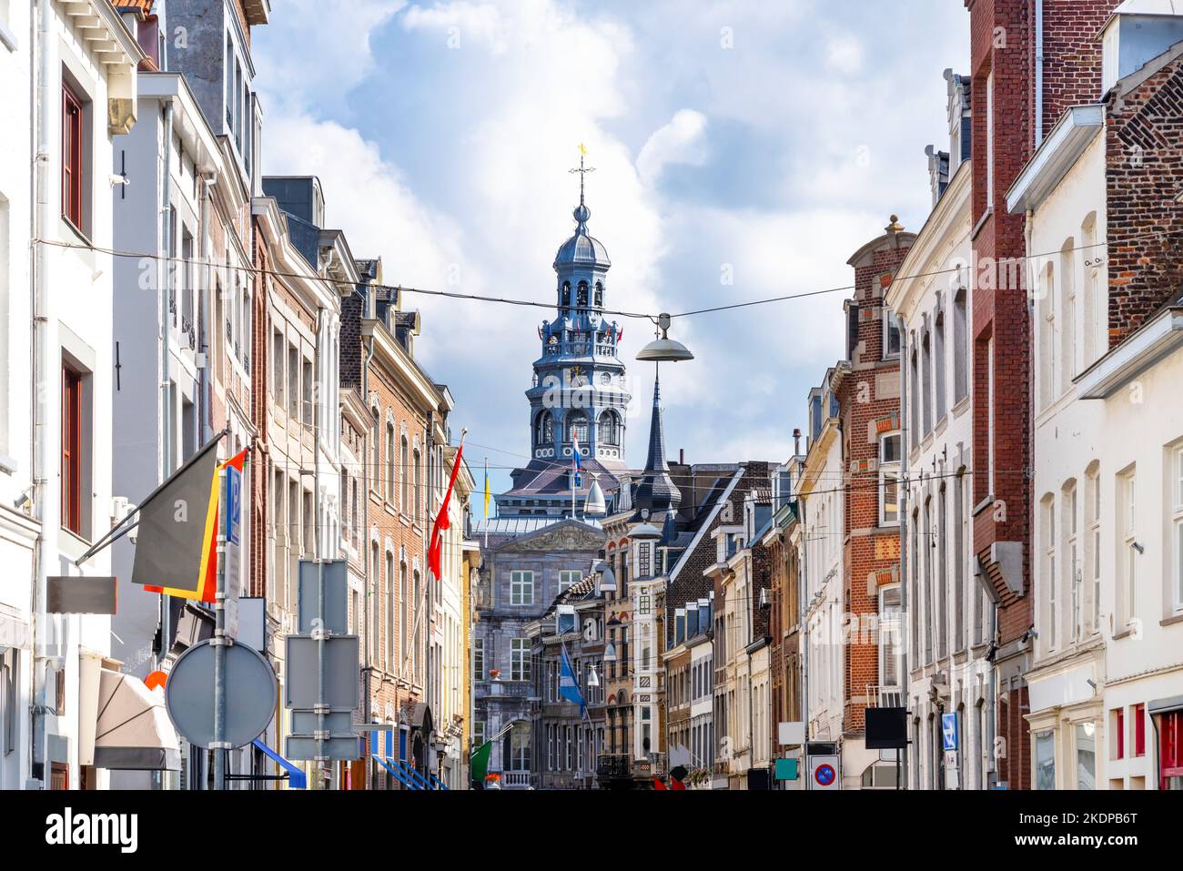Maastricht, Netherlands. Beautiful facades with town hall in background Stock Photo