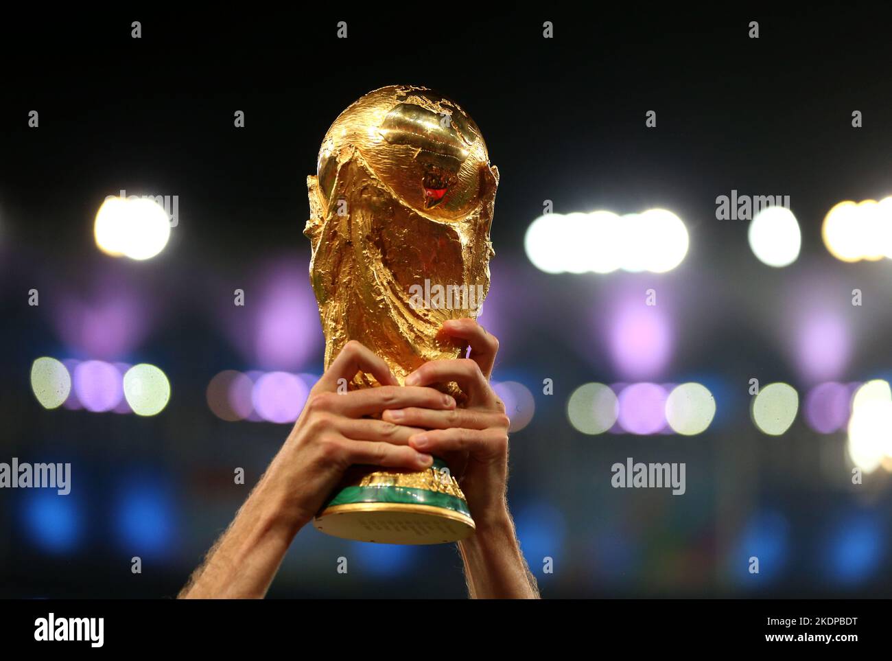 File photo dated 13-07-2014 of A Germany player lifts the FIFA World Cup Trophy. The World Cup starts in Qatar in a little under two weeks’ time and here, the PA news agency takes a look at the tournament in numbers. 5 - Brazil's record number of World Cup wins, one ahead of Italy and Germany. Pele played in three of those for an individual record. Issue date: Tuesday November 8, 2022. Stock Photo