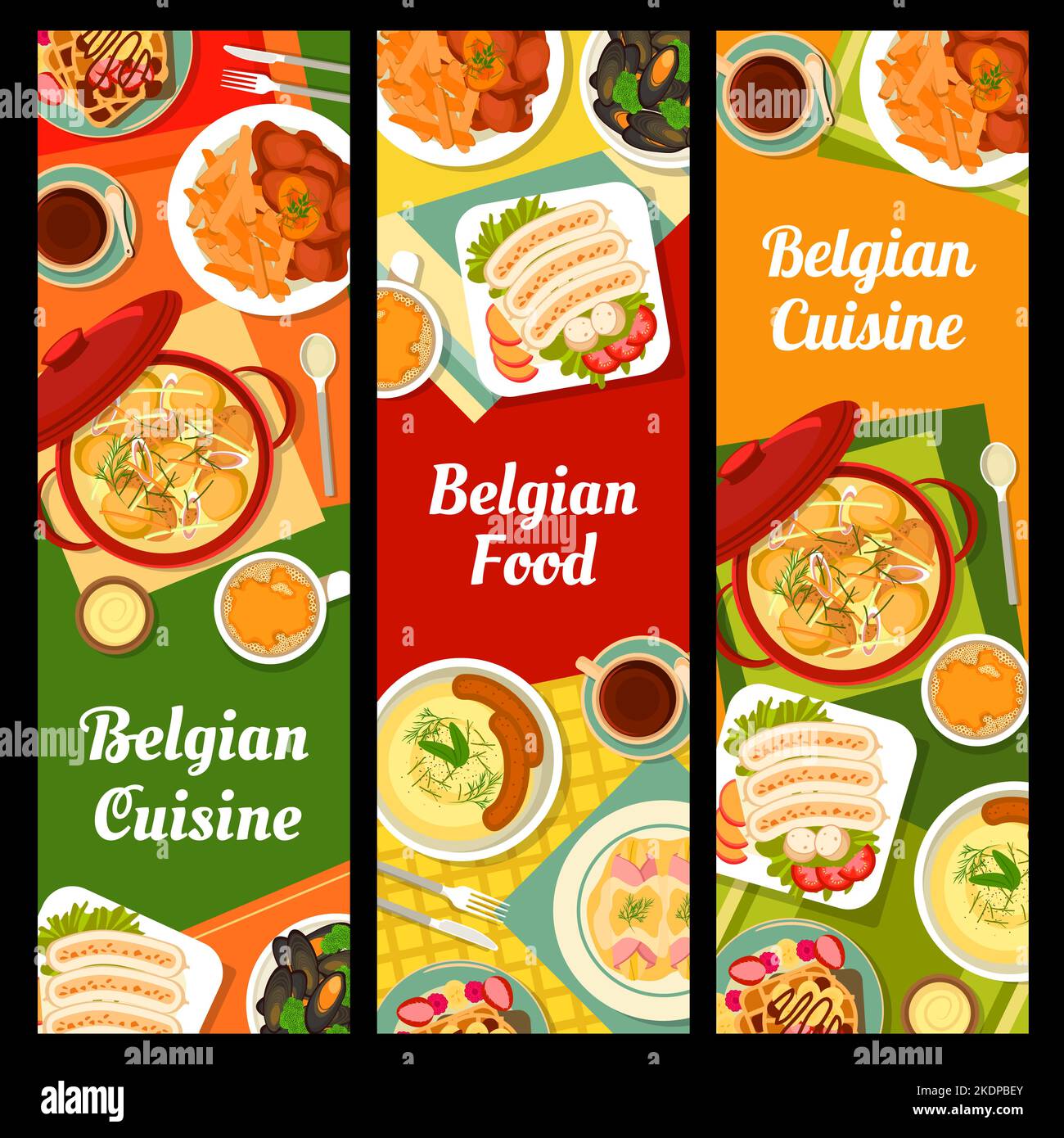 Belgian cuisine banners, food dishes and lunch meals of Belgium, vector. Belgian traditional cuisine restaurant menu with chicken stew waterzooi or triple sausage, braised endive and bacon with cream Stock Vector