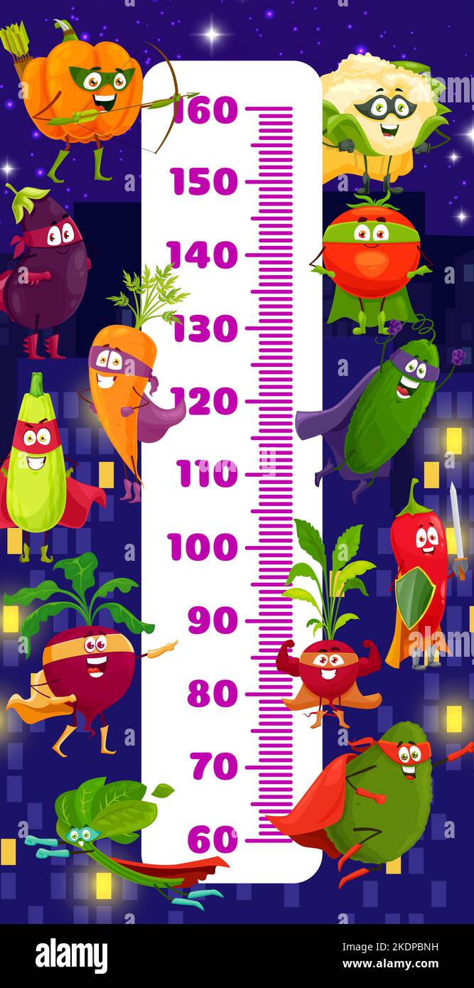 Kids height chart cartoon funny vegetable superheroes and defenders. Growth meter with pumpkin