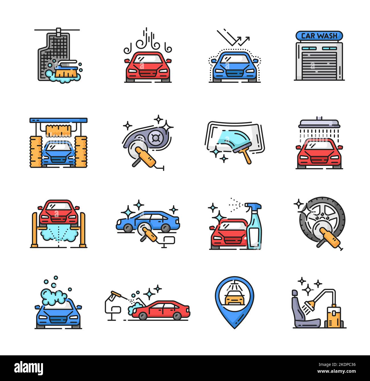 Car care icons, car wash and clean service, auto workshop vector symbols. Car care line icons, vehicle chair upholstery and windshield cleaning service, automotive washer station and tire detailing Stock Vector