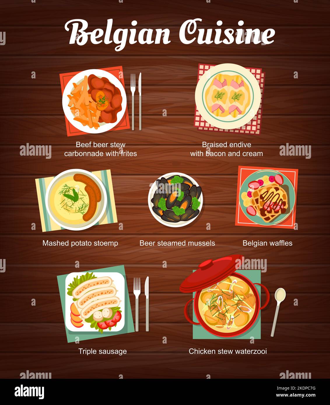 Belgian cuisine menu with food, lunch and dinner meals, vector restaurant poster. Belgium traditional food dishes, beer steamed mussels and Belgian waffles, braised endive with bacon and cream Stock Vector