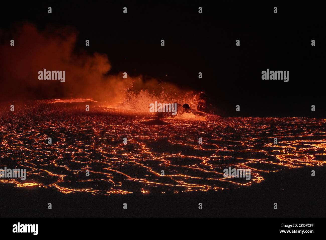 The new Meradalir Eruption of Fagradalsfjall Volcano in Iceland 2022.  Shot just days after the latest eruption in the middle of the night. Stock Photo