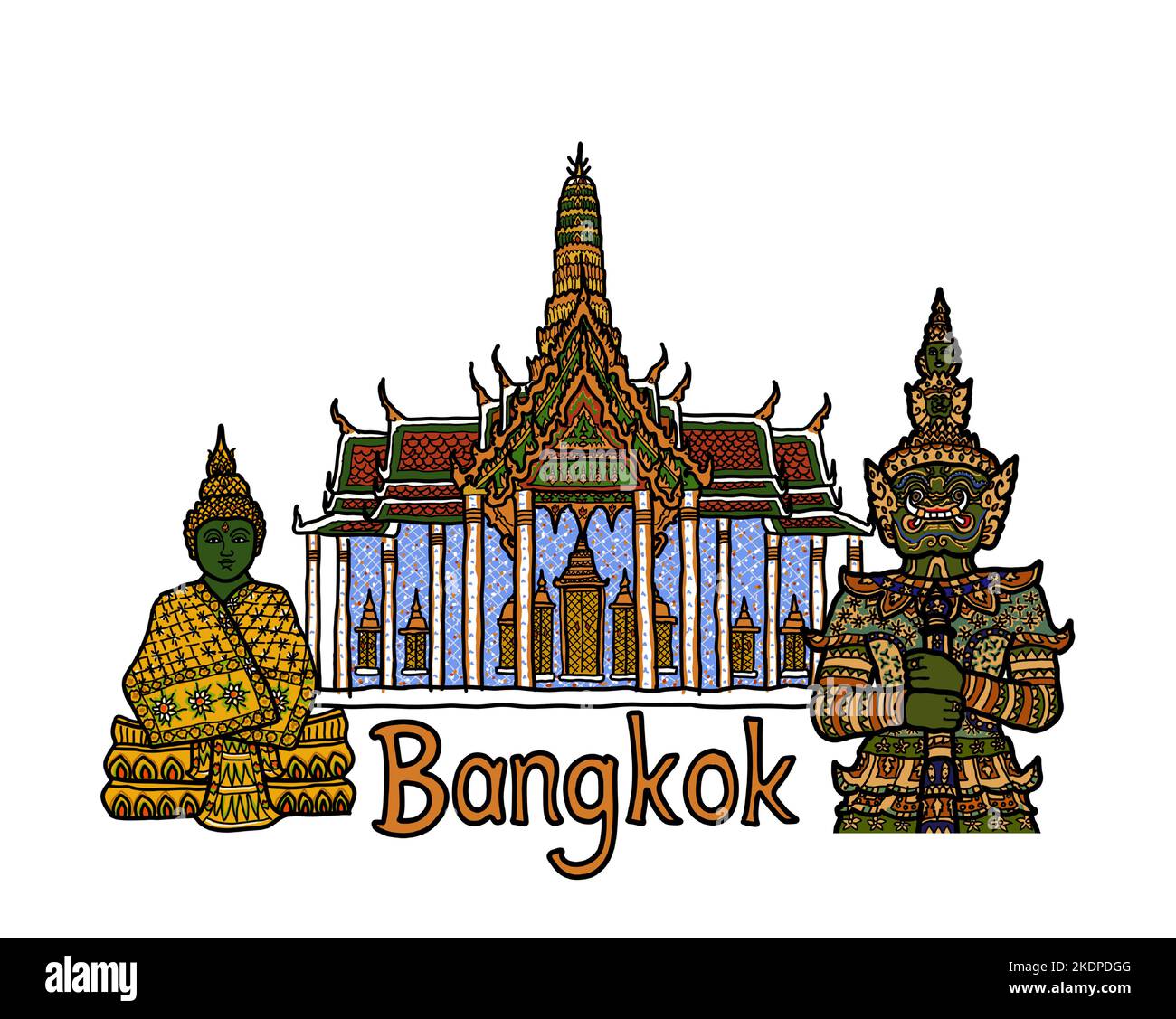 Wat Phra Kaew, the Grand Palace with Emerald Buddha and Yaksha giant. Thai Buddhist temple and travel destinations in Bangkok, Thailand. Vector. Stock Vector