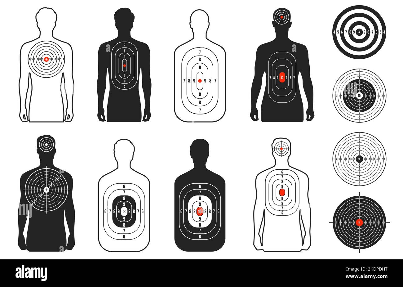 Human target. Shoot range paper with man silhouette, bullet pistol gun shot for firearm bow military props darts board. Vector isolated collection Stock Vector