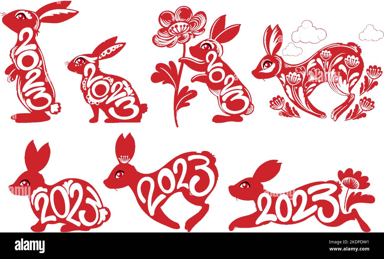 Set of rabbits in Chinese style illustration Stock Vector Image & Art ...