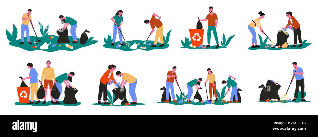 People collecting garbage. Cartoon volunteer characters cleaning up picking up litter rubbish, social humanitarian help concept. Vector isolated set Stock Vector