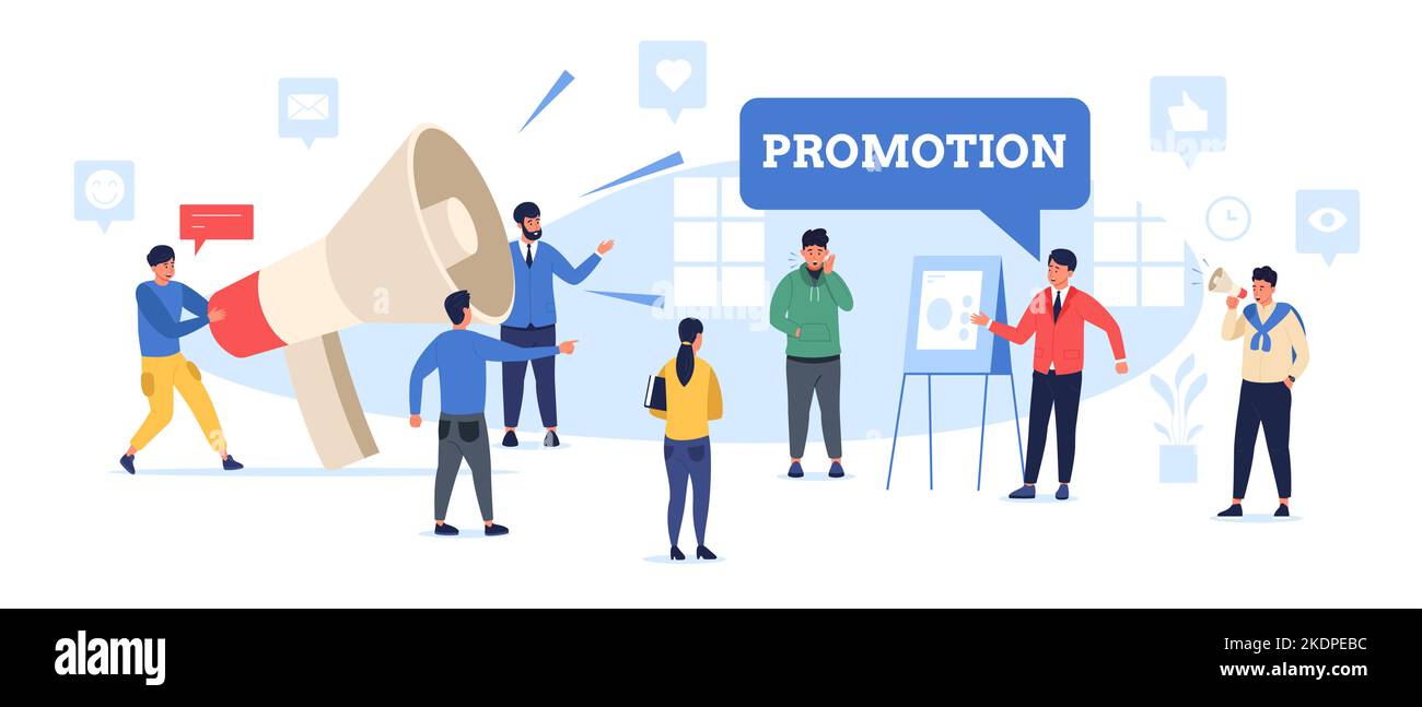Promotion loudspeaker concept. People with megaphone promote announce, public speaking digital marketing presentation banner design. Vector Stock Vector