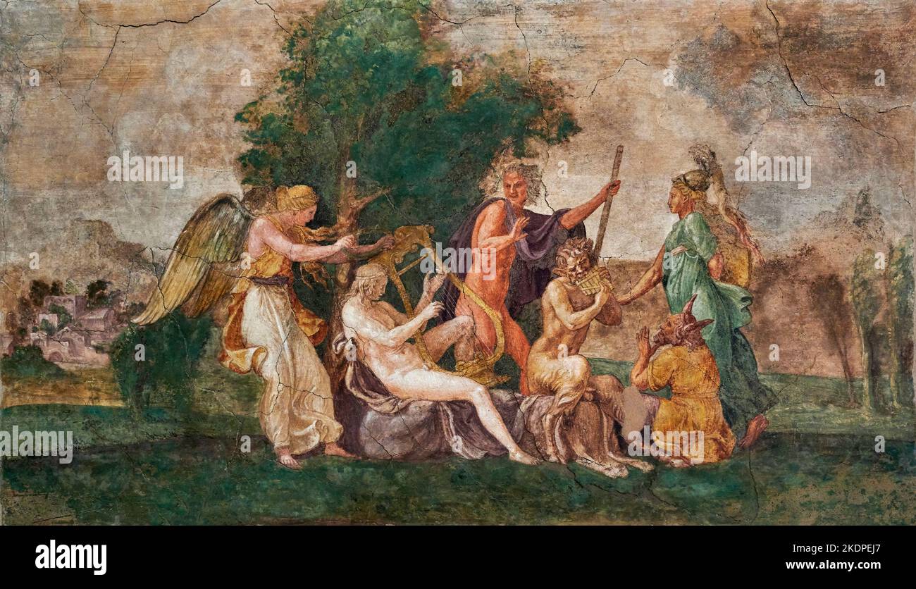 Gara tra Apollo e Pan  - affresco staccato - ambito di Giulio Romano  - 1540  - Verona, Museo degli Affreschi G.B. Cavalcaselle Stock Photo