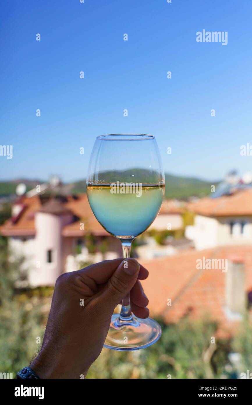 Wine drink in a glass in hand. White fresh wine in a transparent glass against the backdrop of the nature of the village in the summer on a sunny day. Drink, good mood, alcohol concept. High quality photo Stock Photo