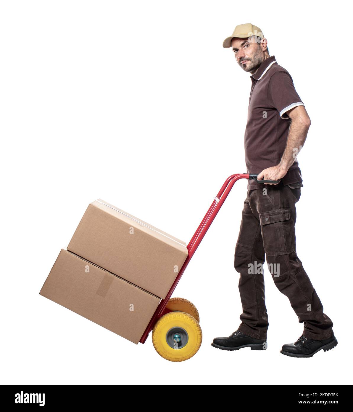 man with handtruck and big parcels isolated on white Stock Photo