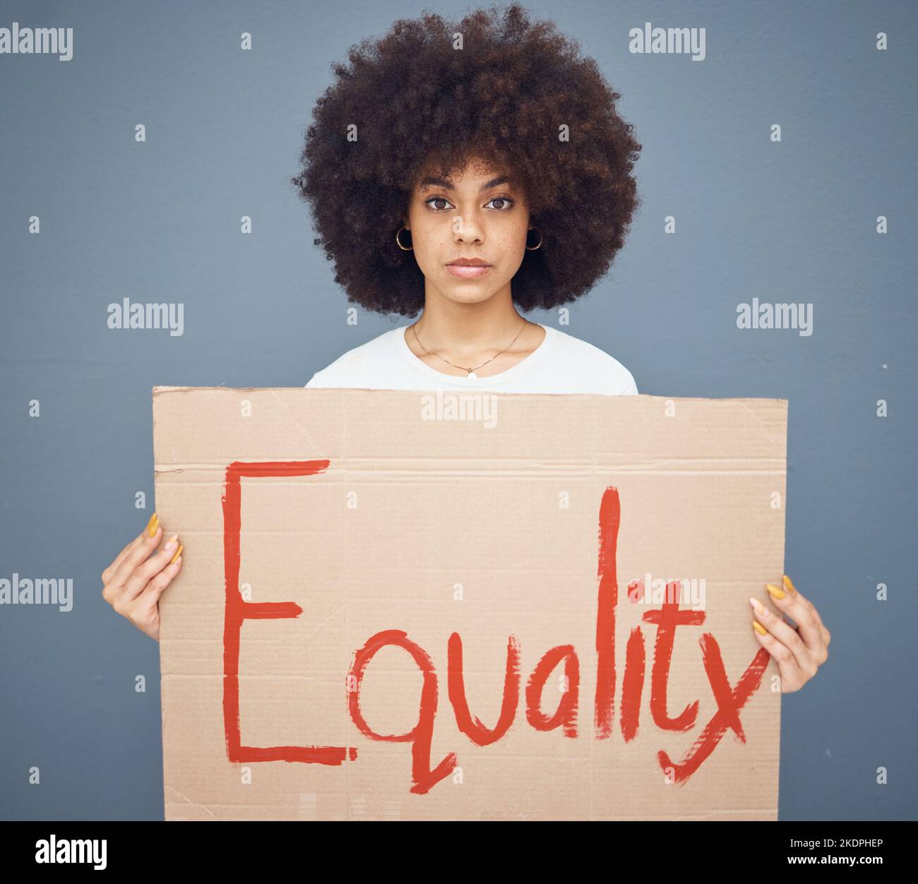 Equality, poster and black woman holding protest poster for gender 