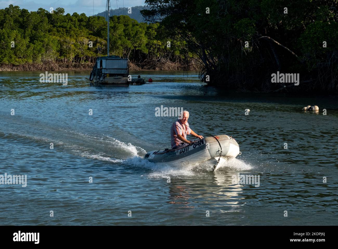 Boats moored at Dickson inlet in Port Douglas, Queensland, Australia Stock Photo