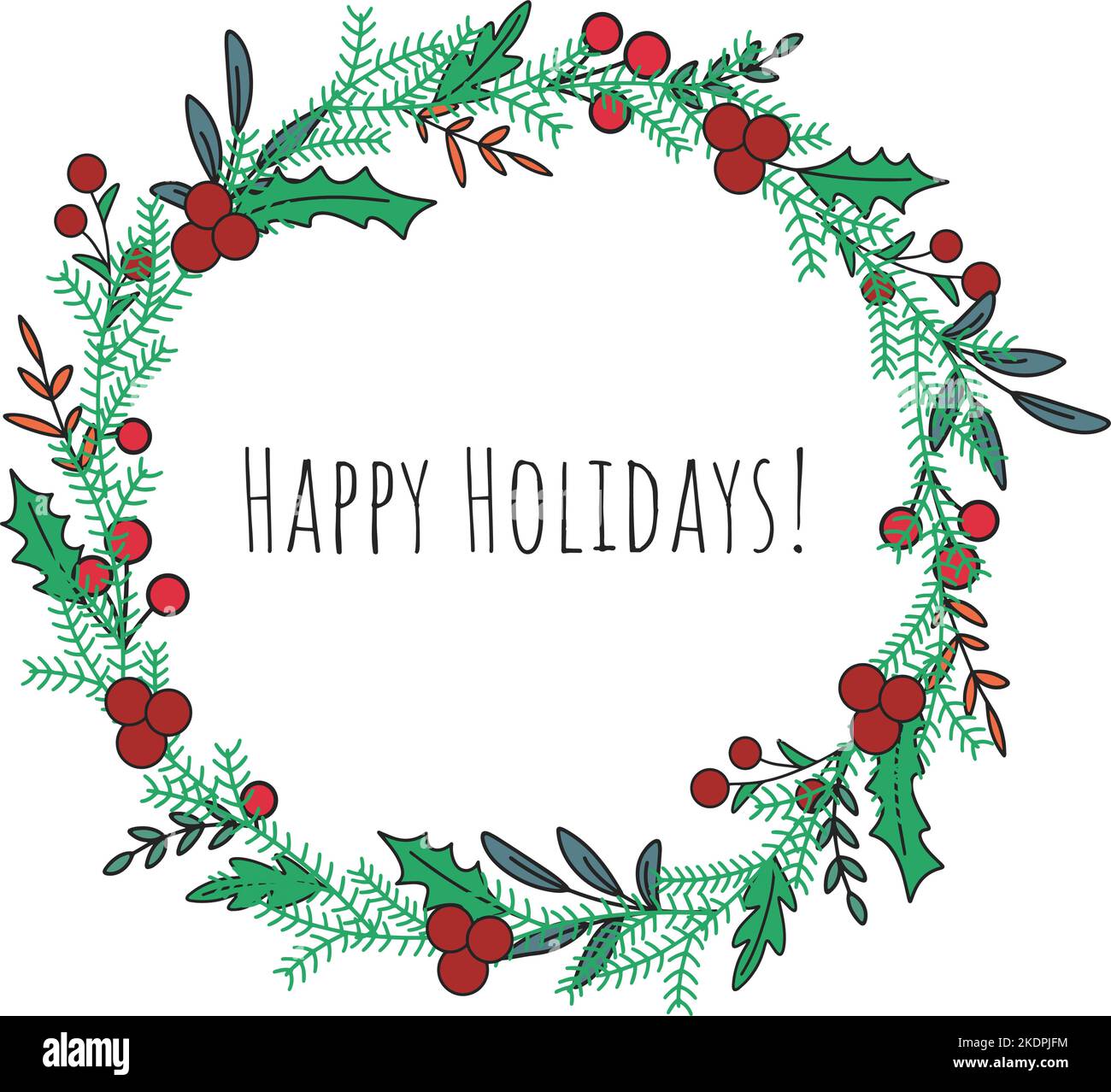 Happy holidays christmas round wreath with berries, foliage and