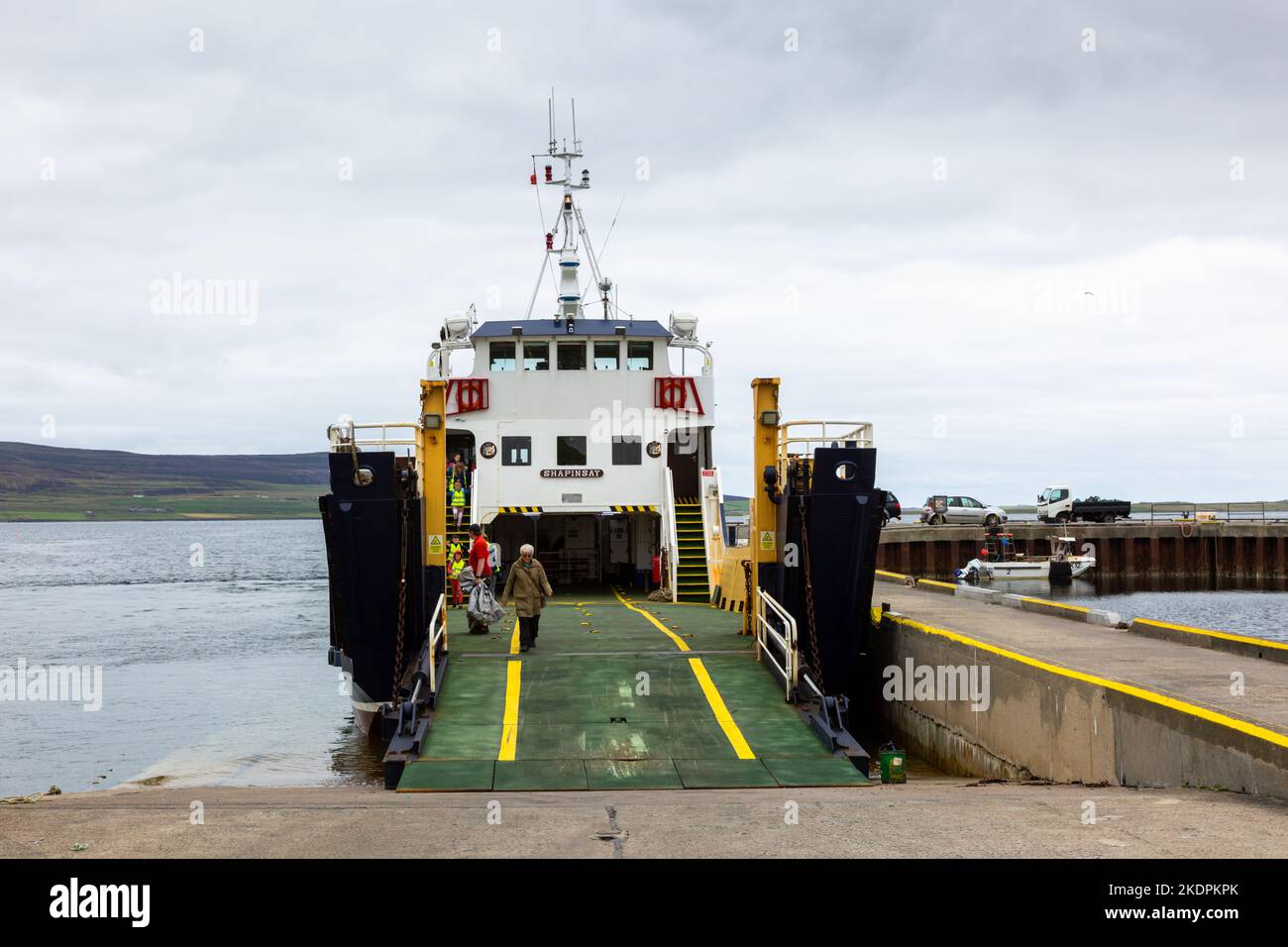Passenger and vehicle ferry at an island port, Orkney Isands, UK, 2022