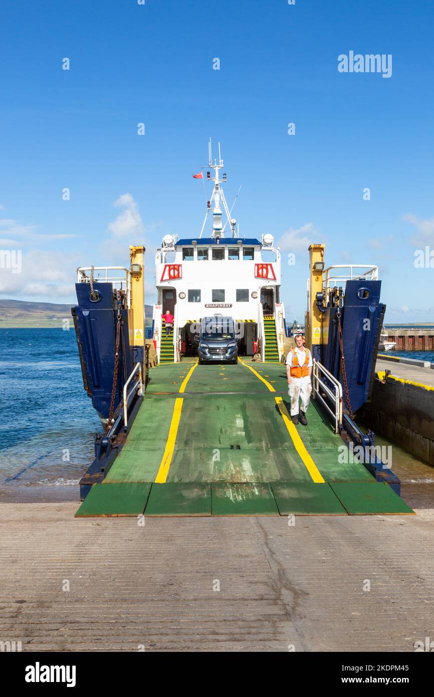 Passenger and vehicle ferry at an island port, Orkney Isands, UK, 2022