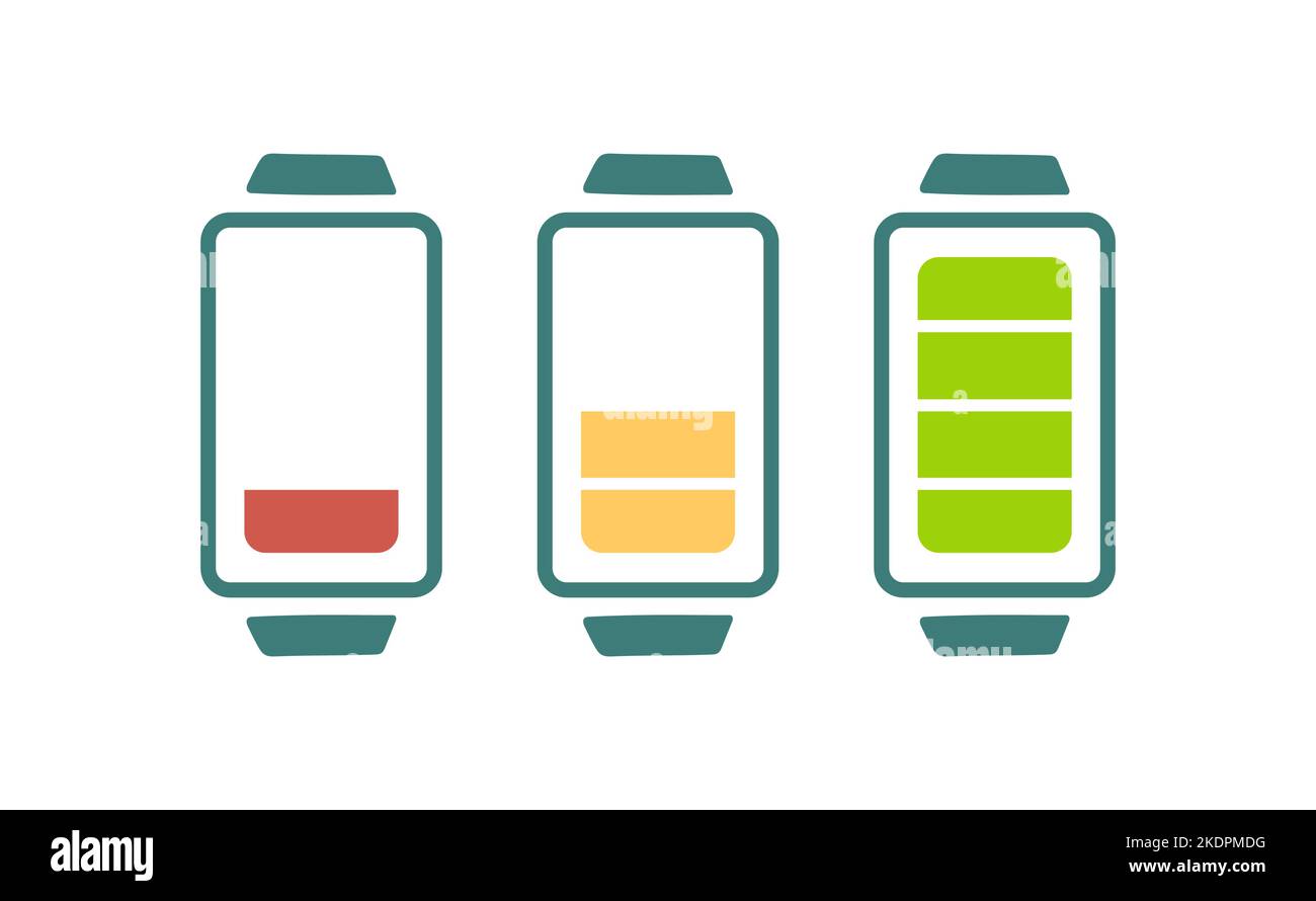 Discharged and fully charged battery smartphone. Vector. Set of battery charge level indicators. Isolated Stock Vector