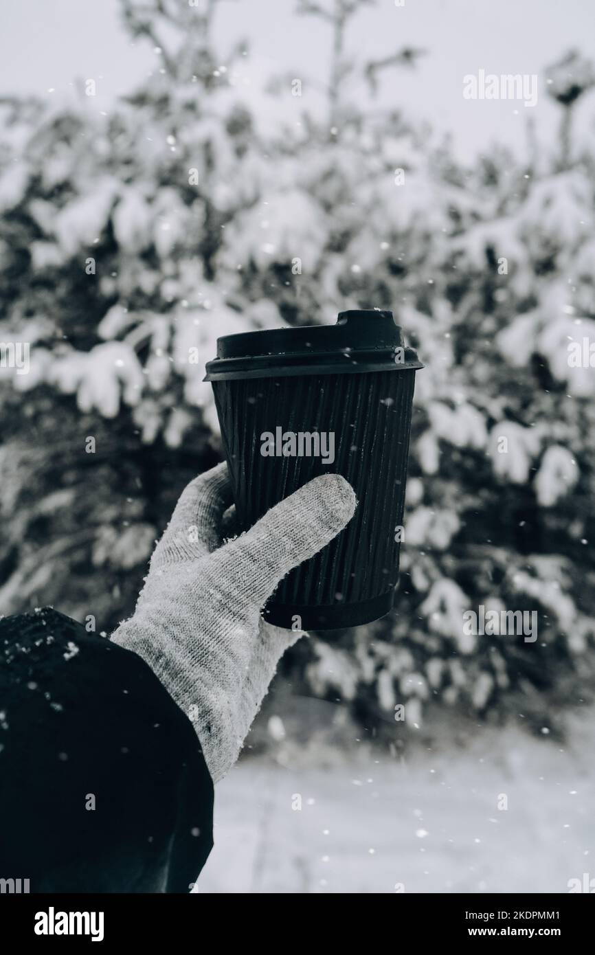 Female hand in winter warm gloves holding black eco paper cup. Winter ...
