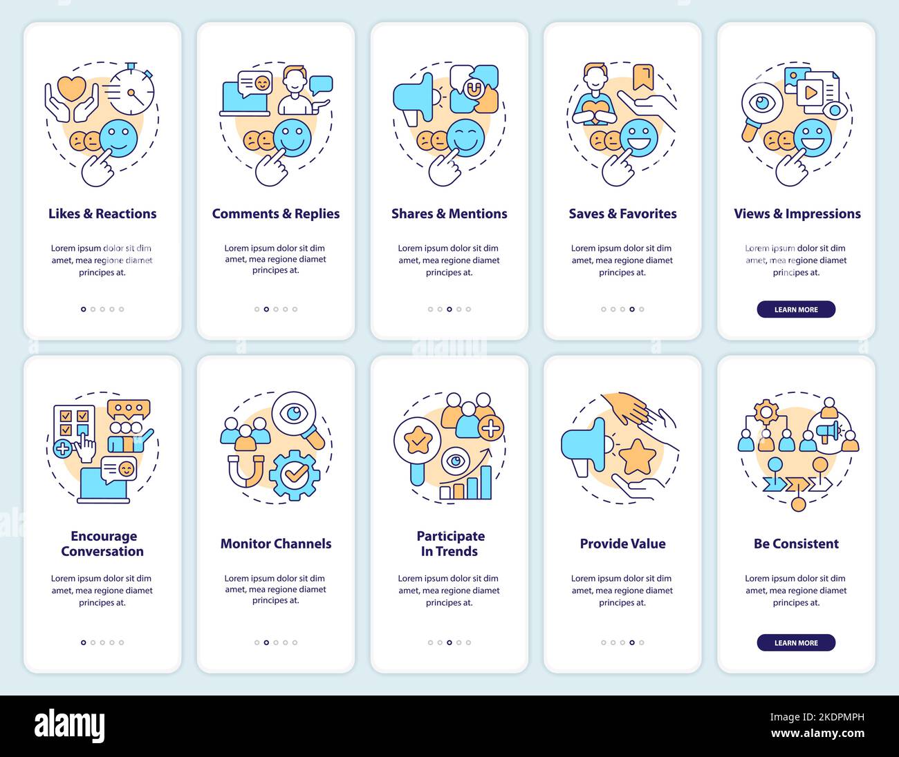Social media engagement onboarding mobile app screen set Stock Vector ...