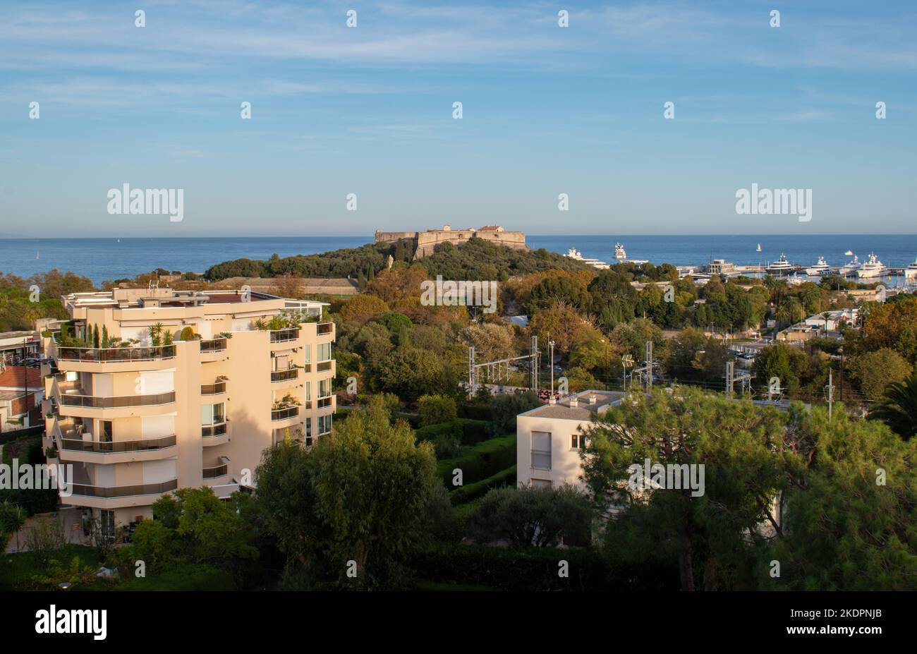 View of the city of Antibes (French Riviera) with the Vauban fortress and the billionaires wharf Stock Photo