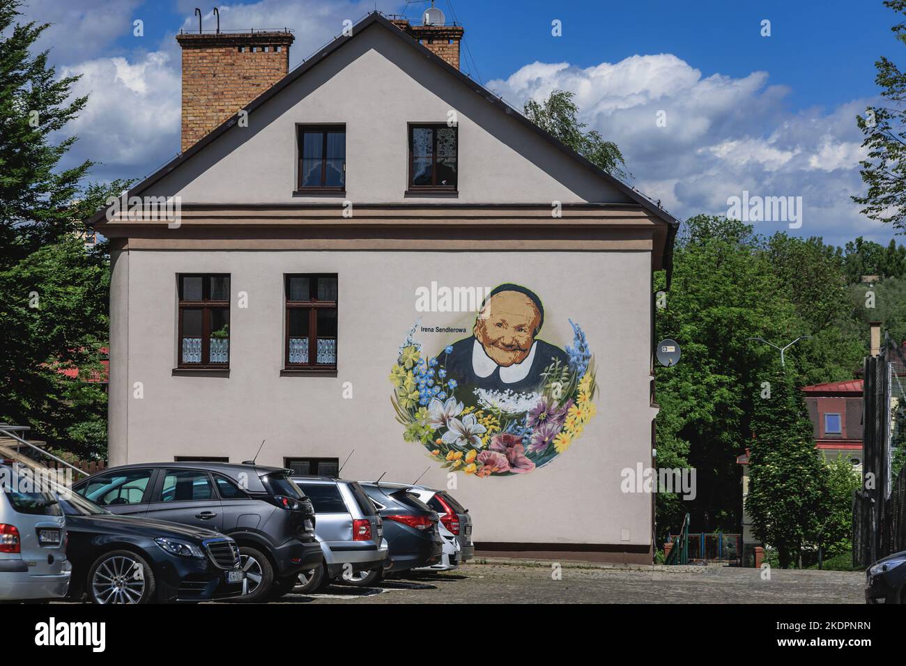 Portrait of Irena Sendler on a building wall in Old Town of Cieszyn border city in Poland Stock Photo