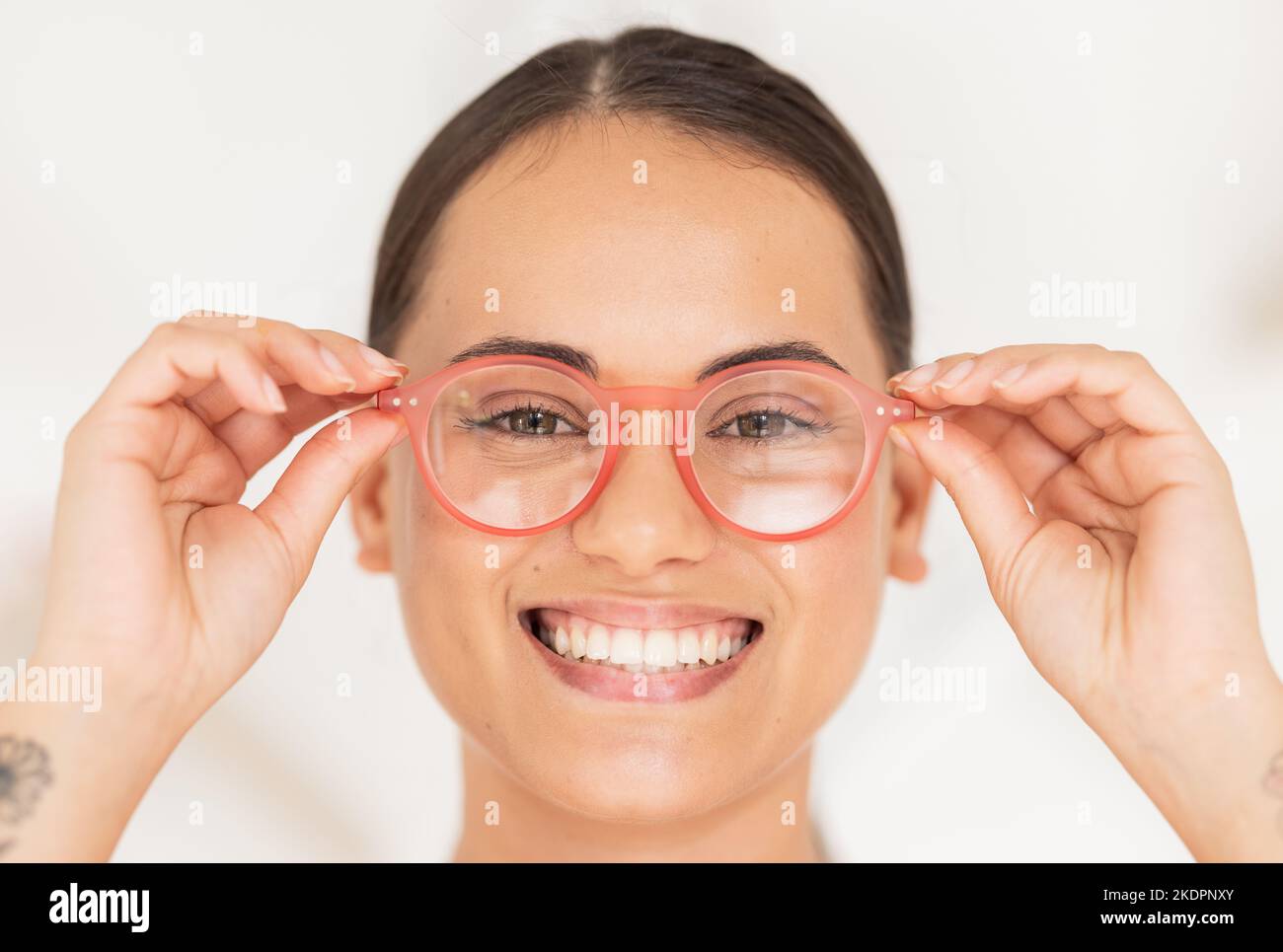 Optometry, vision and portrait of woman with glasses trying on new