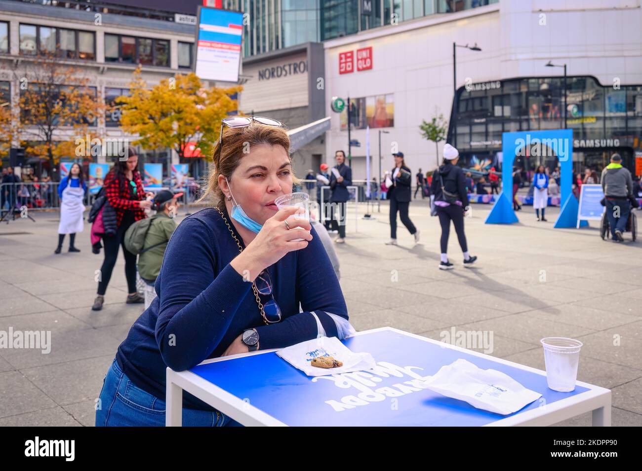 Toronto, Canada - November 5, 2022: Event named Everybody Milk in Yonge-Dundas Square. The event is a campaign by Dairy Farmers of Ontario celebrating Stock Photo