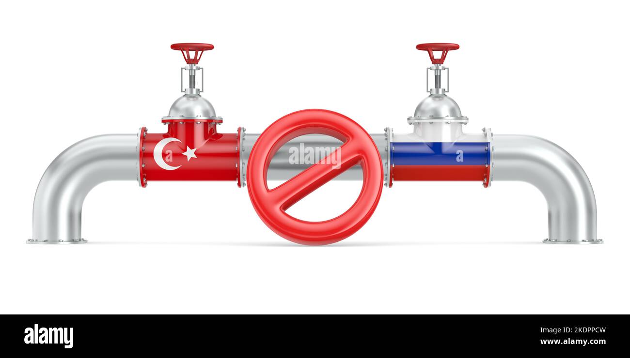 Turkish Stream. Pipeline between Russia and Turkey on white background. Isolated 3D illustration Stock Photo