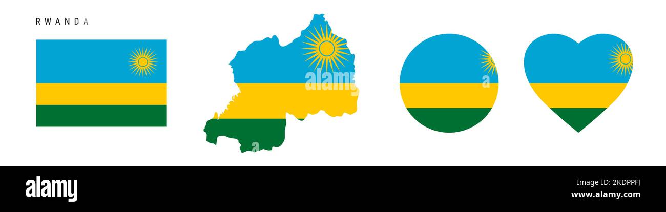 Rwanda flag icon set. Rwandan pennant in official colors and proportions. Rectangular, map-shaped, circle and heart-shaped. Flat vector illustration i Stock Vector