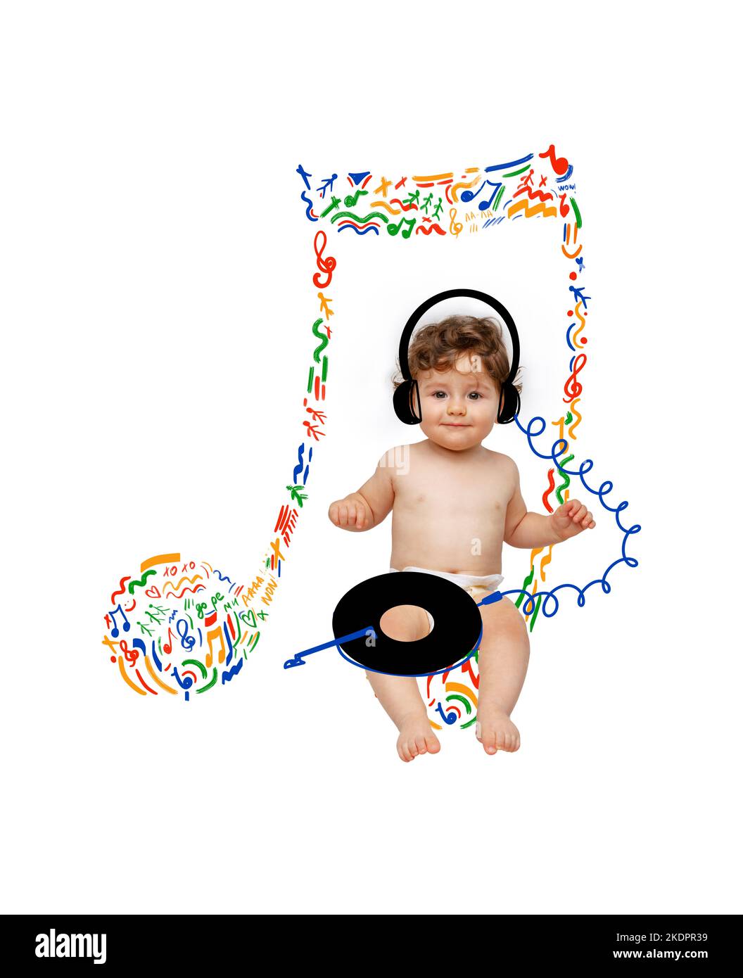 Creative colorful design. Contemporary art collage. Little baby boy in diaper with imaginative headphones playing with vinyl. Musician Stock Photo