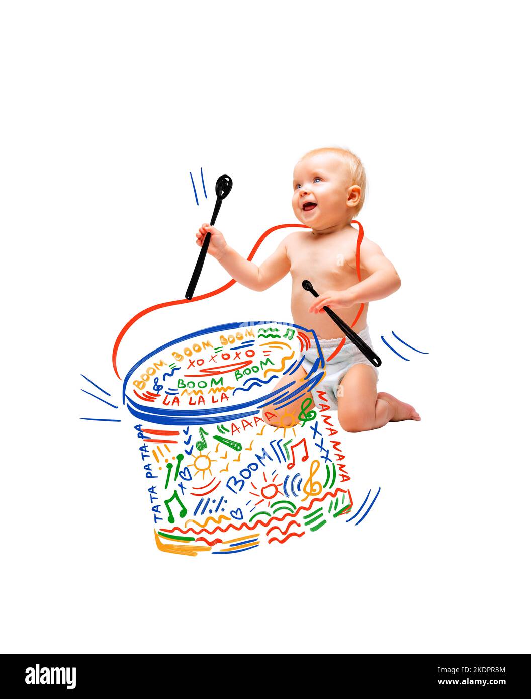 Creative colorful design. Contemporary art collage. Little cute baby girl in diaper imagining to play drums. Future artist Stock Photo